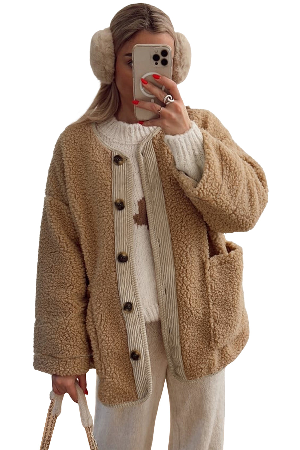 Light French Beige Puffy Plush Corduroy Edge Patchwork Jacket with Big Pockets