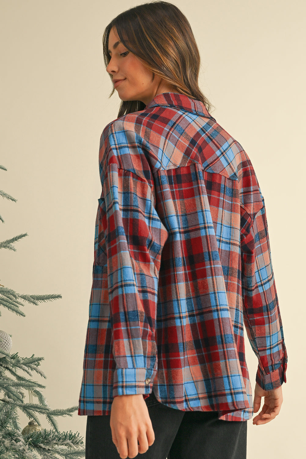 Orange Plaid Print Pocket Loose Shirt