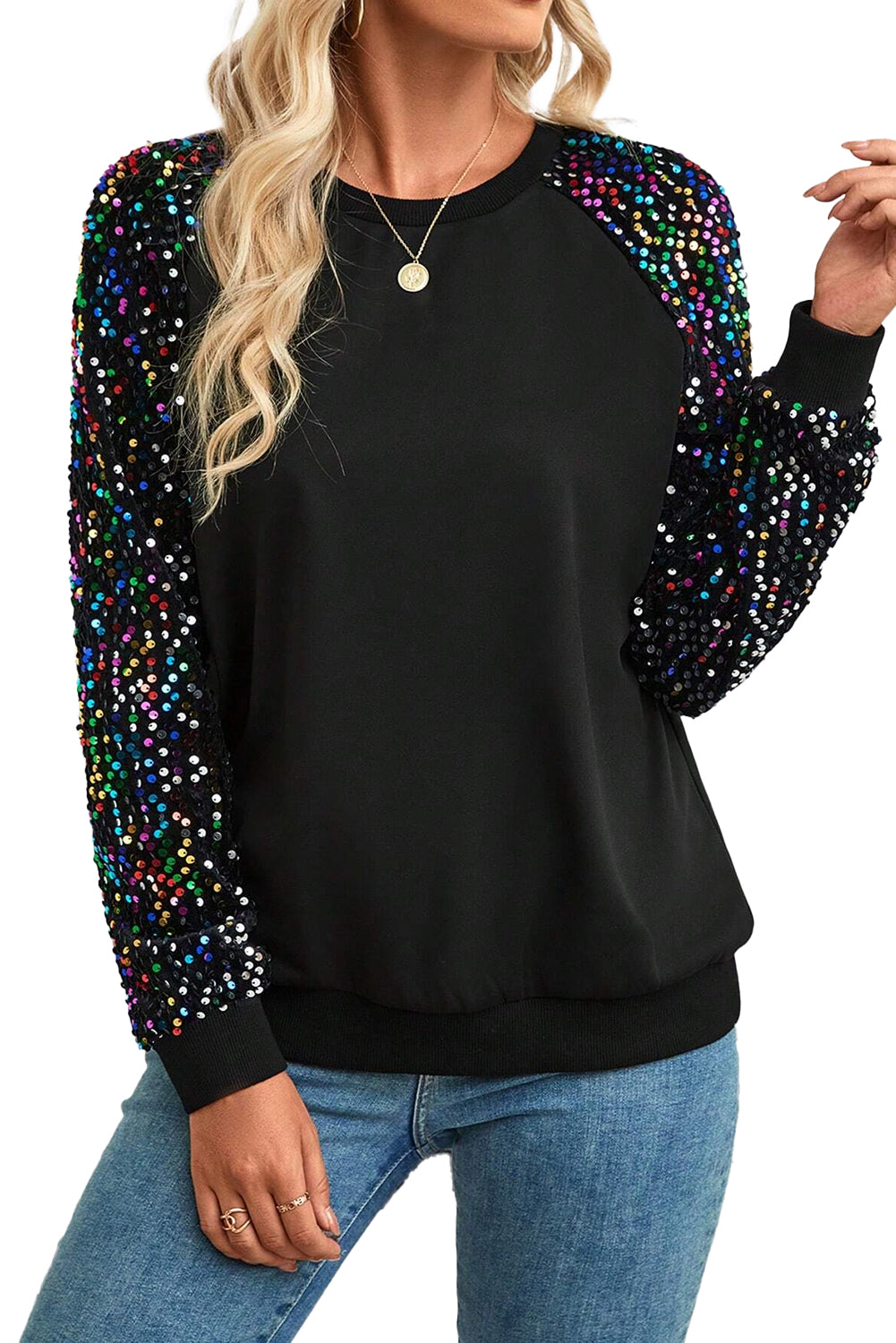 Color Sequin Raglan Sleeve Sweatshirt