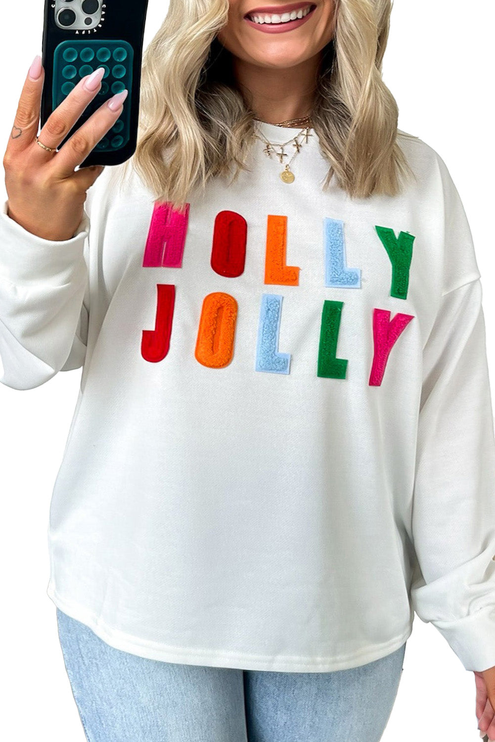 White HOLLY JOLLY Chenille Sweatshirt Plus Size