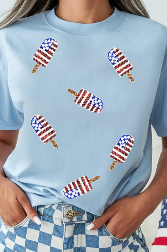 Light Blue Patriotic Sequin Popsicle T Shirt
