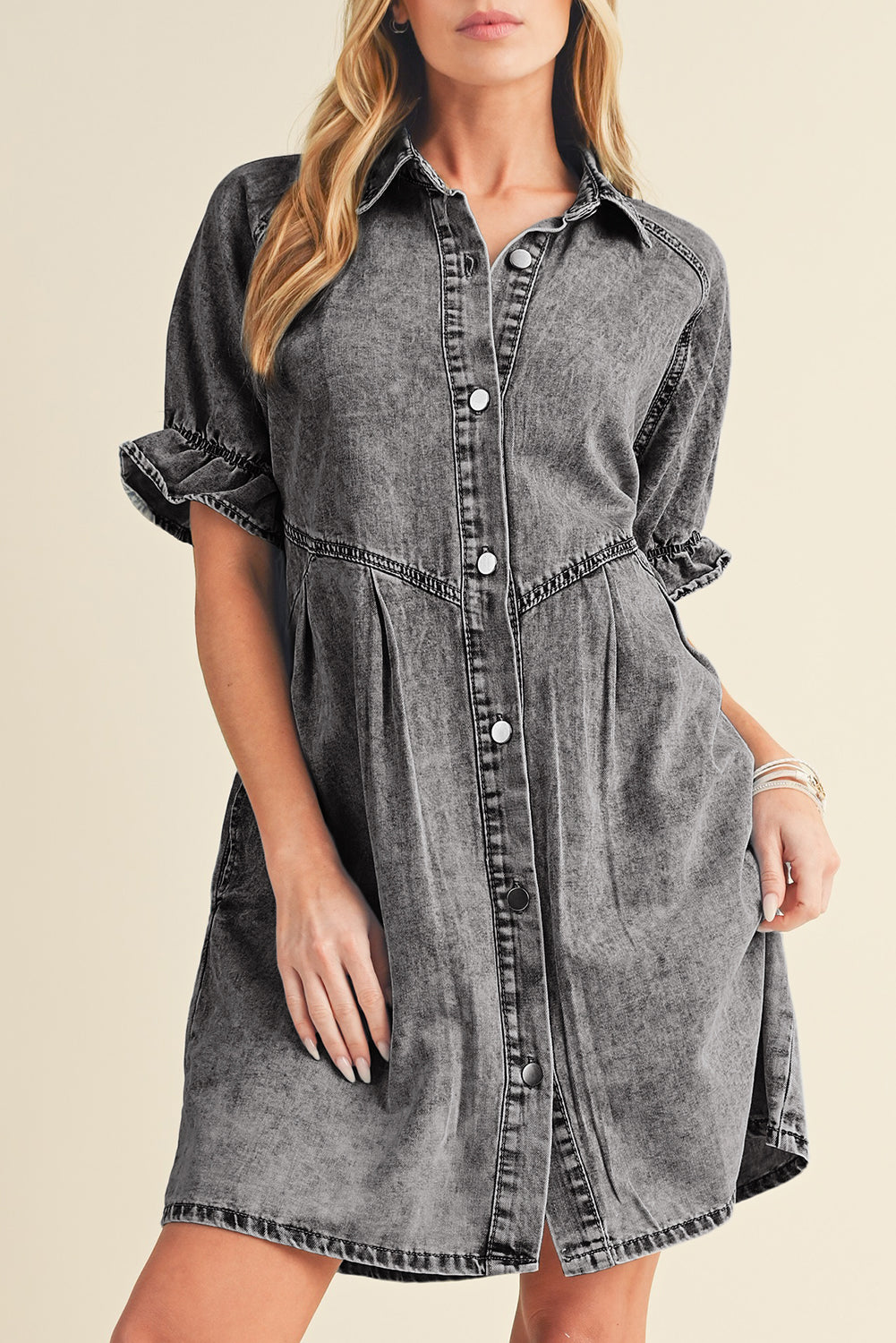 Denim. Ruffled Sleeve Denim Dress