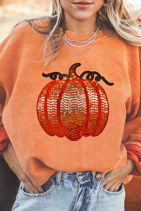 Crinkle Ribbed Halloween Sequin Pumpkin Graphic Sweatshirt
