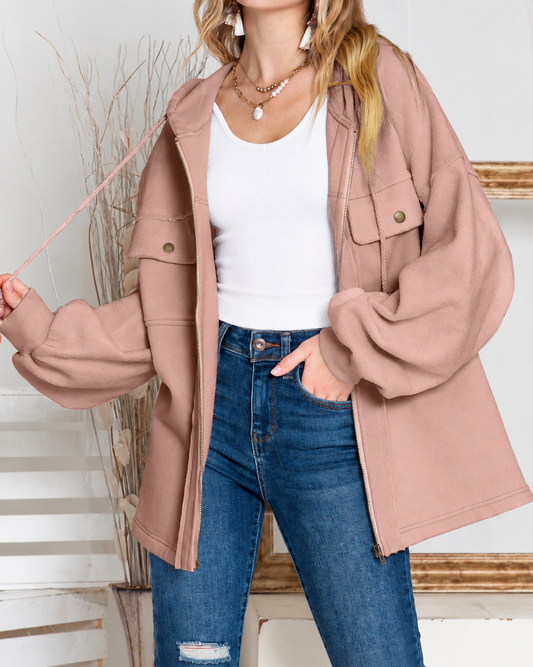 Pink Bishop Sleeve Zip Up Hoodie Jacket with Flap Pockets