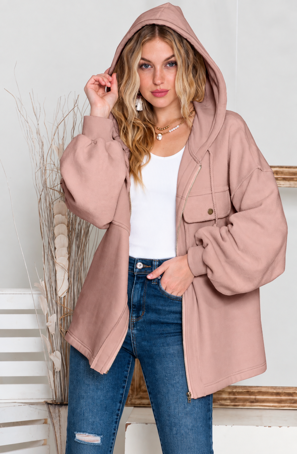 Pink Bishop Sleeve Zip Up Hoodie Jacket with Flap Pockets