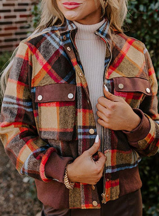 Snap/Zip Brown Plaid Jacket