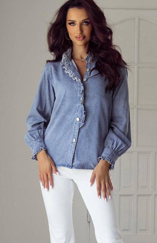 Ruffle Trim Denim Shirt