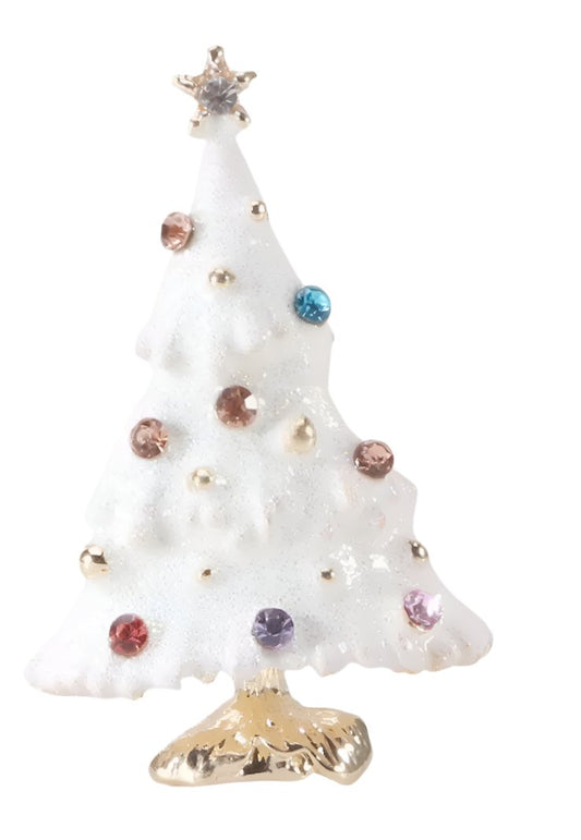 White Christmas Tree Brooch Pastel Crystals