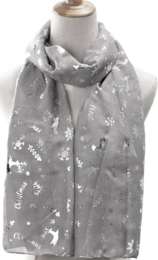 Christmas Snowflakes & Deer Scarf Gray