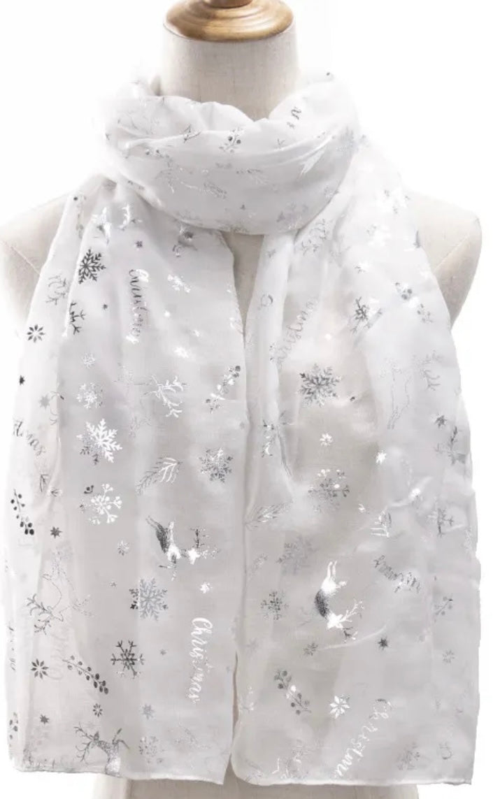 Christmas Snowflakes & Deer Scarf White