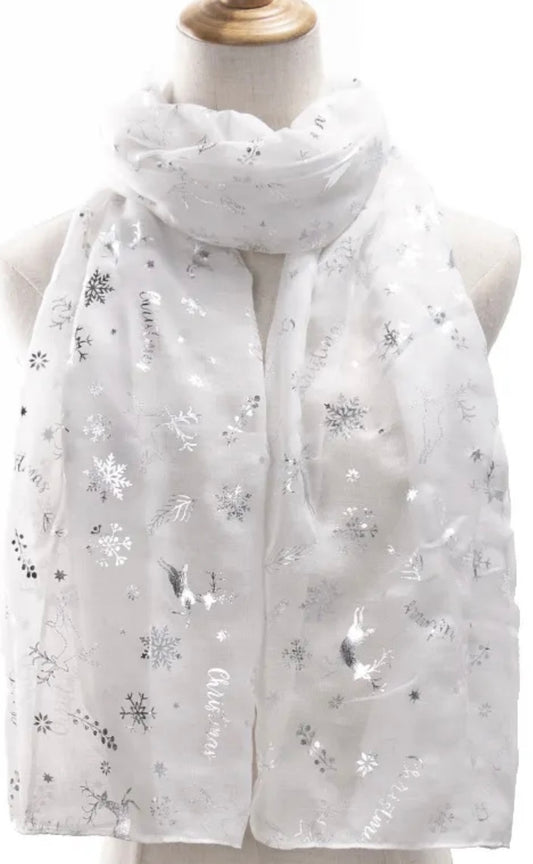 Christmas Snowflakes & Deer Scarf White