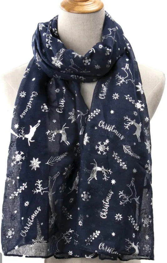 Christmas Snowflakes & Deer Scarf Navy