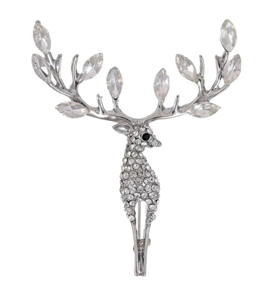 Silver Crystal Deer Brooch