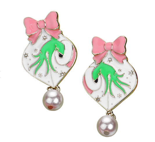 Grinch Enamel Hand Pearl Earrings