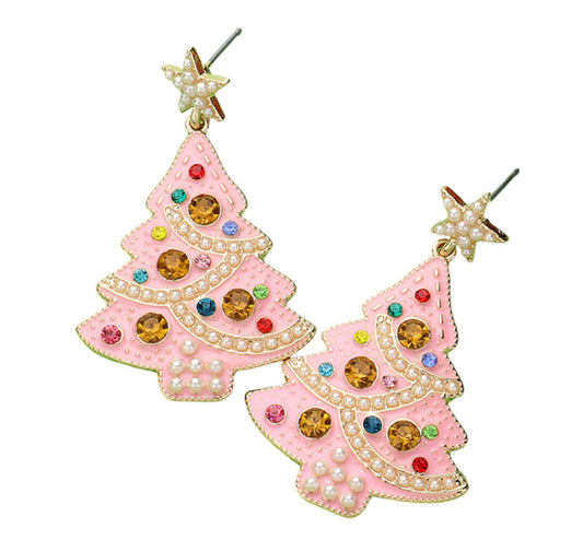 Pink Christmas Tree Earrings