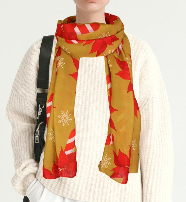 Woven Poinsettia Candy Cane Scarf