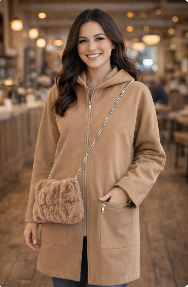 French Beige Zip Hooded Coat