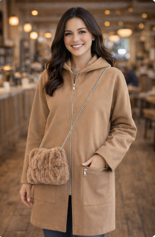 French Beige Zip Hooded Coat