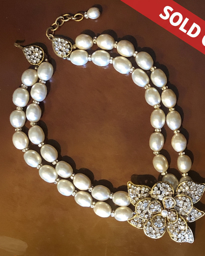 CHANEL Double Pearl Strand Crystal Camellia Necklace
