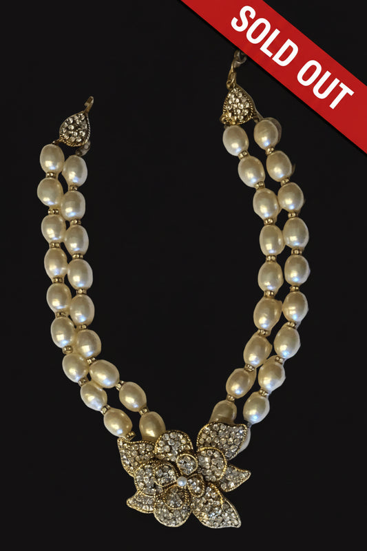 CHANEL Double Pearl Strand Crystal Camellia Necklace
