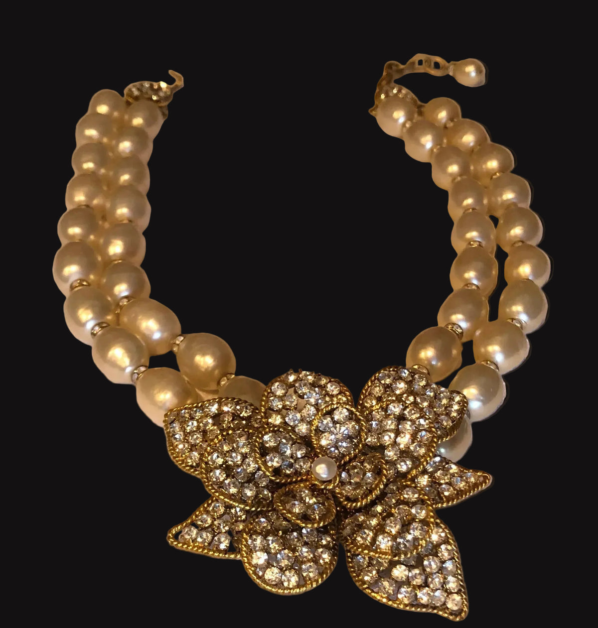 CHANEL Double Pearl Strand Crystal Camellia Necklace
