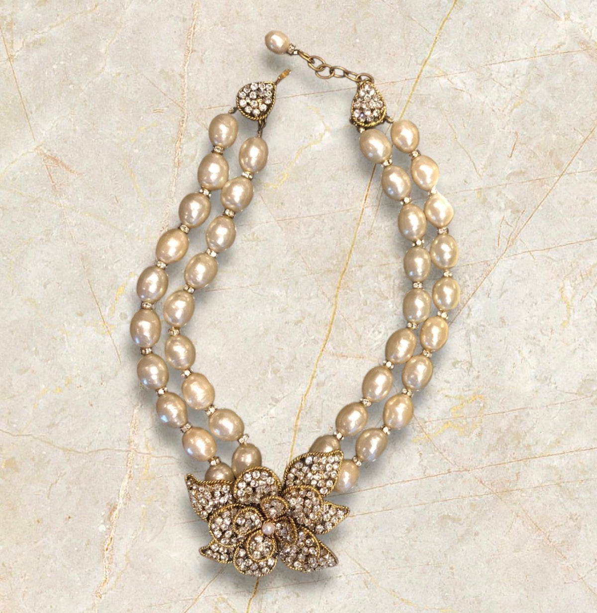 CHANEL Double Pearl Strand Crystal Camellia Necklace