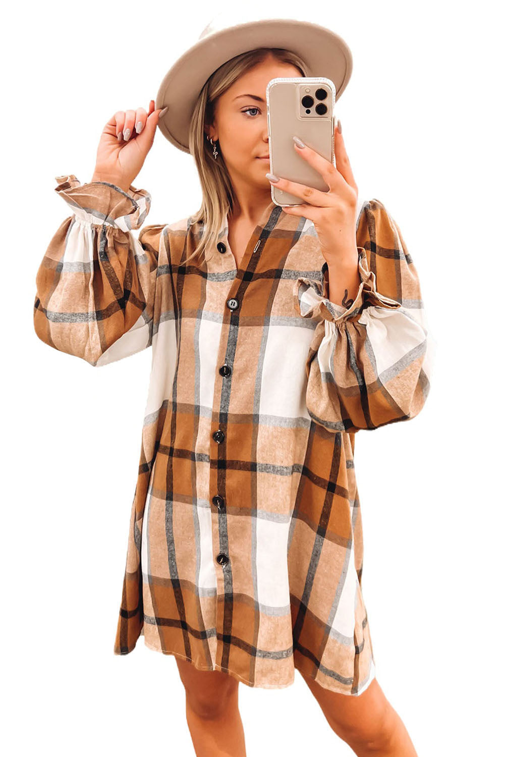 Plaid Ruffle Sleeve Shirt Dress