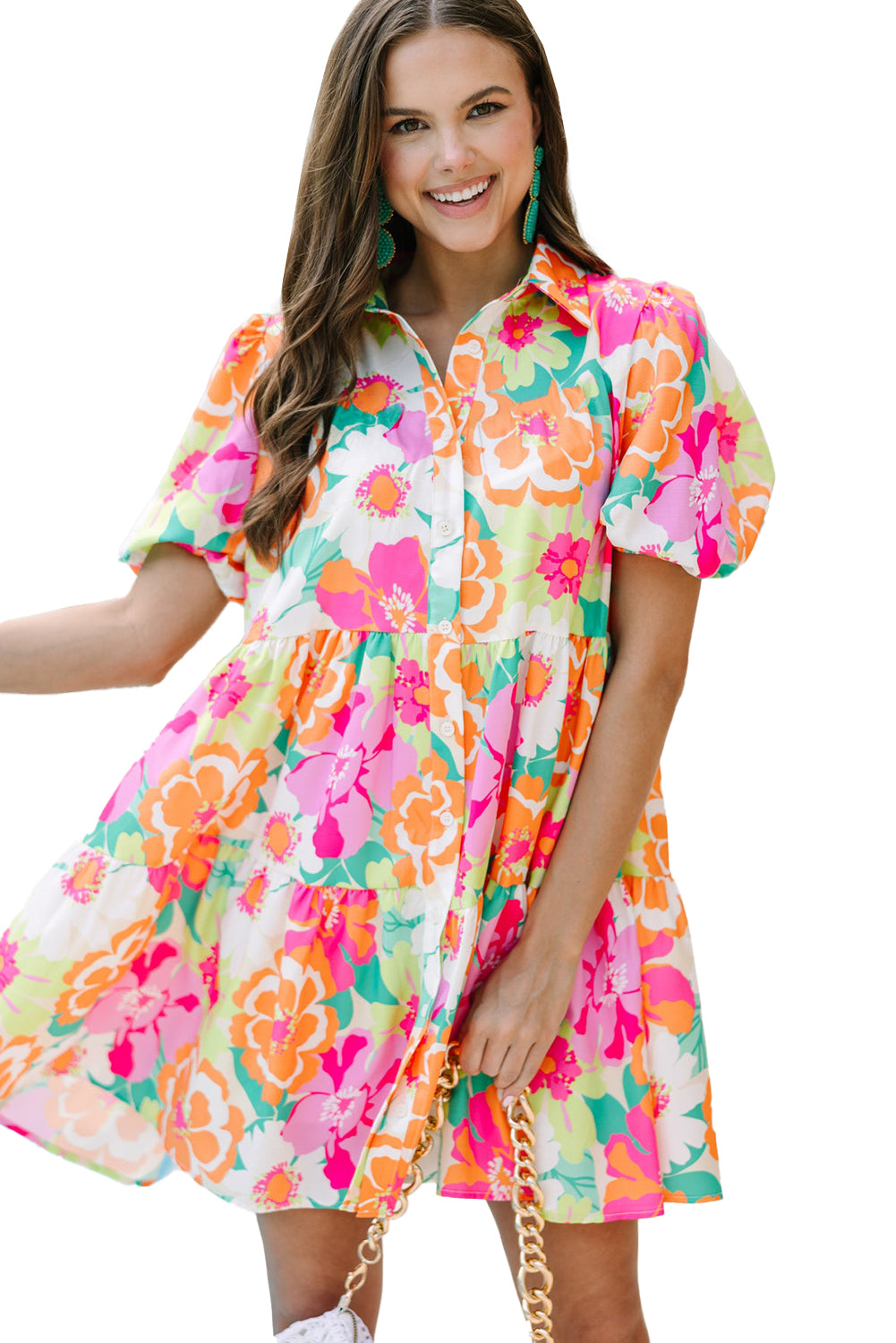 Green Floral Puff Sleeve Buttoned Babydoll Dress