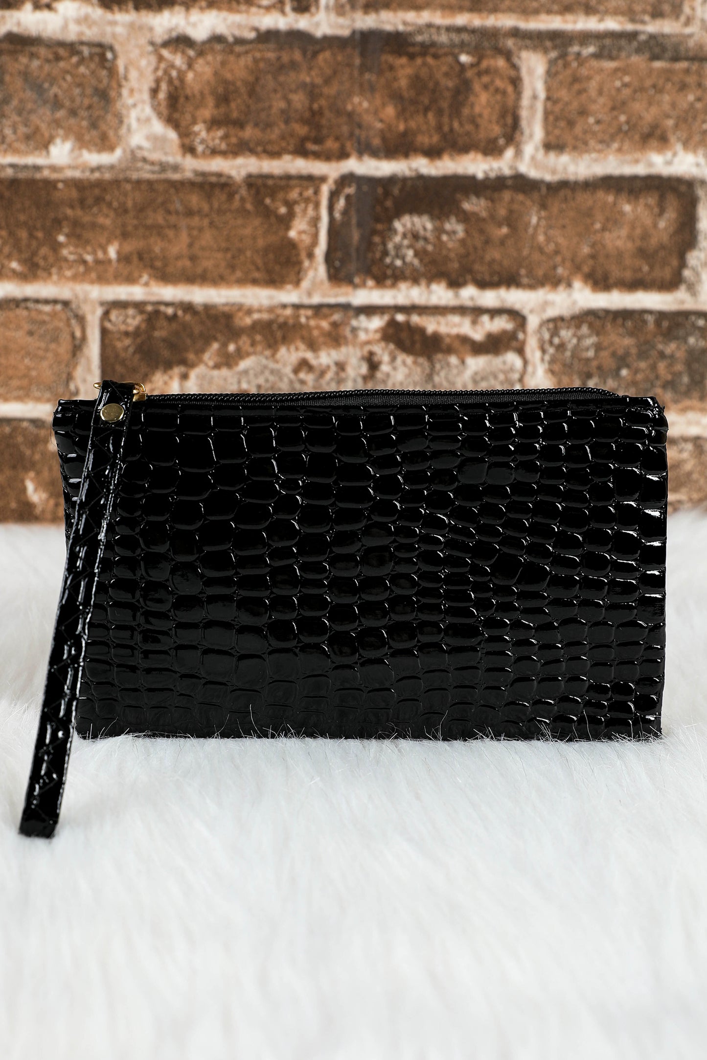 Black Crocodile Print Zip Wristlet Clutch