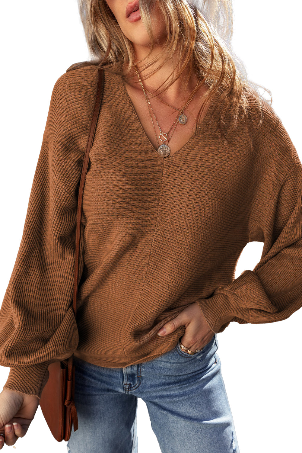 Ribbed Knit Drop Sleeve V Neck Sweater