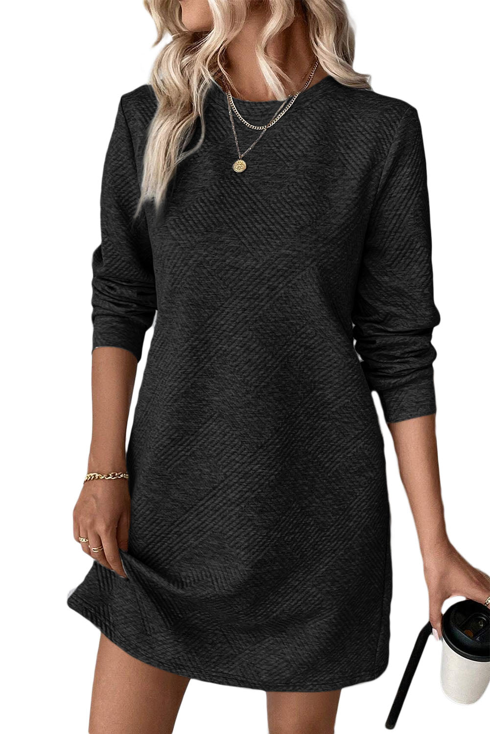 Textured Long Sleeve Shift Dress