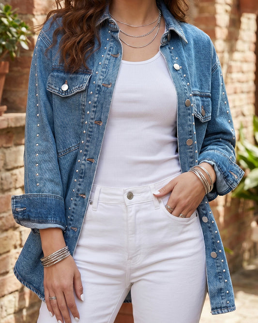 Sail Blue Stud Embellished Denim Jacket