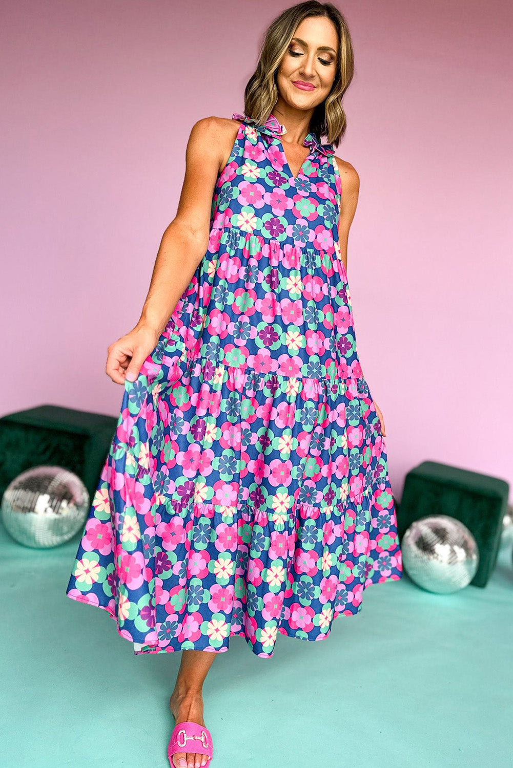 Pink Abstract Print Frill Split Neck Tiered Maxi Dress