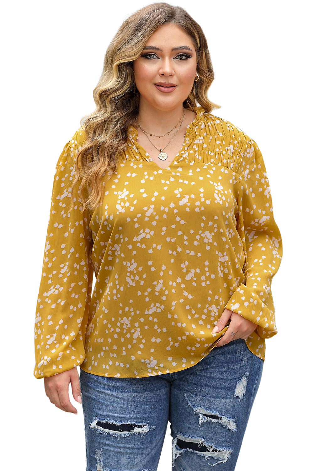 Yellow Print Split Neck Blouse Plus Size