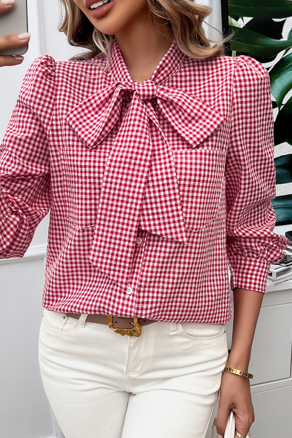 Gingham Bow Tie Blouse