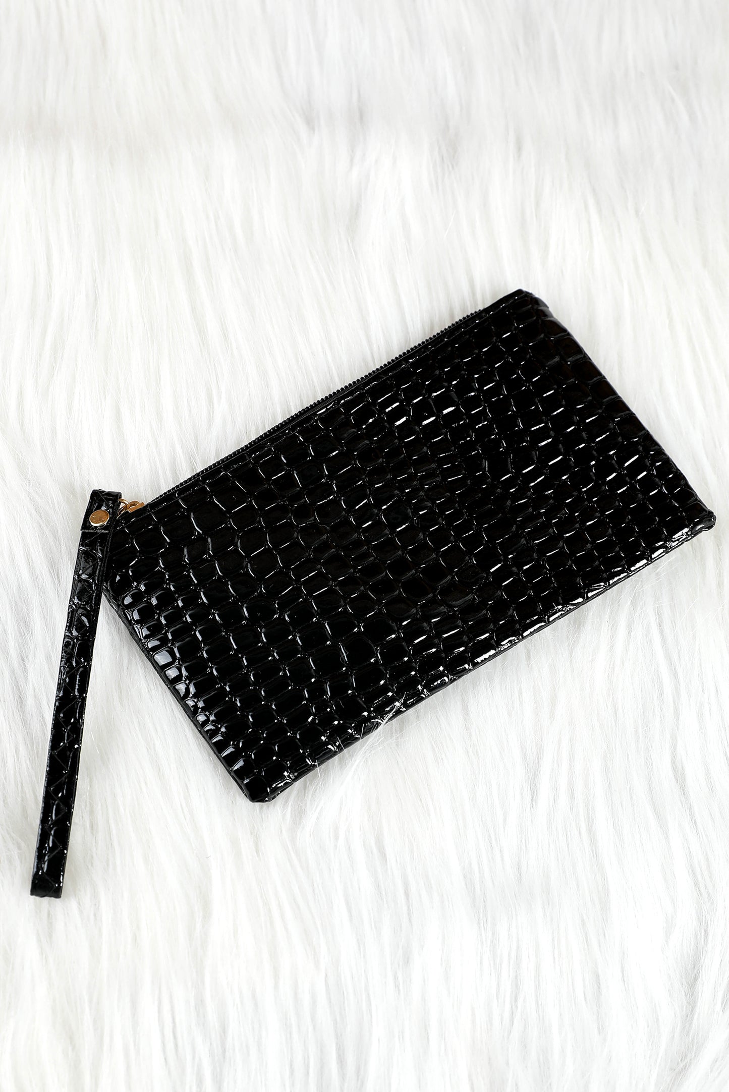 Black Crocodile Print Zip Wristlet Clutch