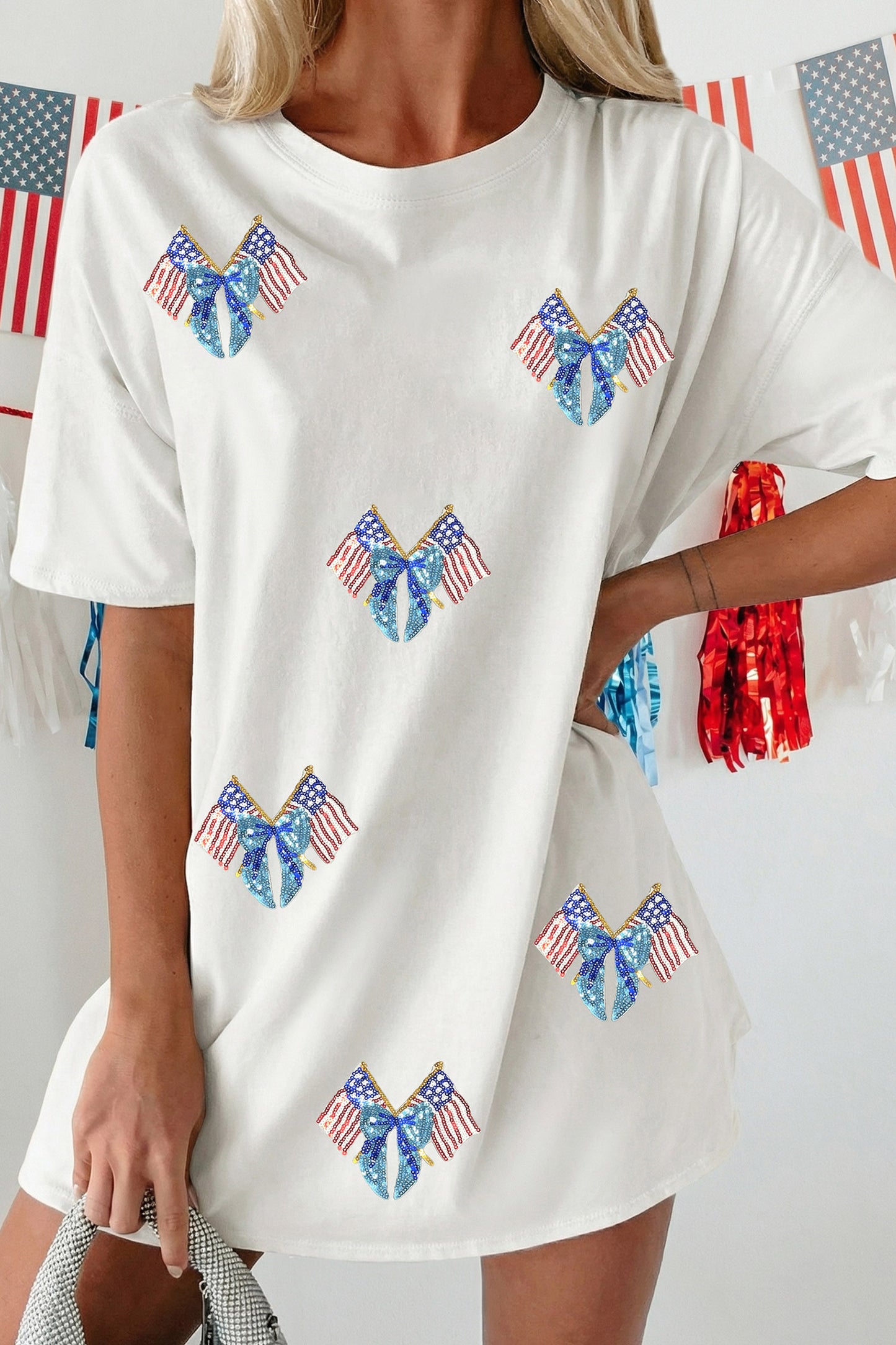 White Patriotic Sequin Bow Flag Cotton Tunic Tee