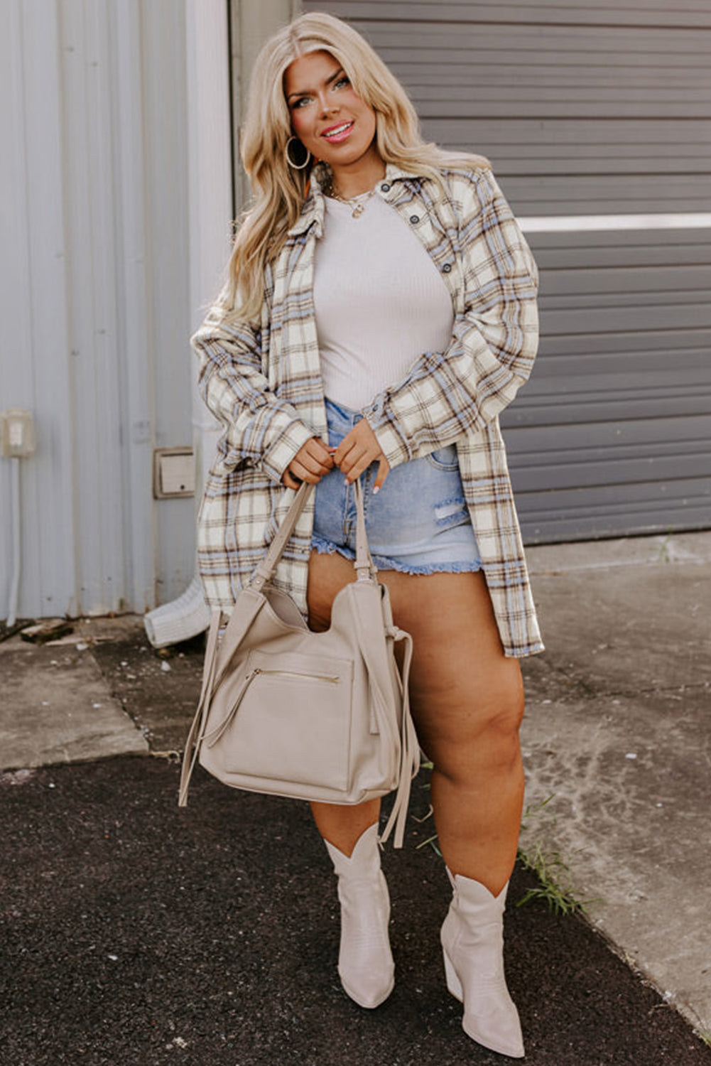 Natural Plaid Shacket Plus Size