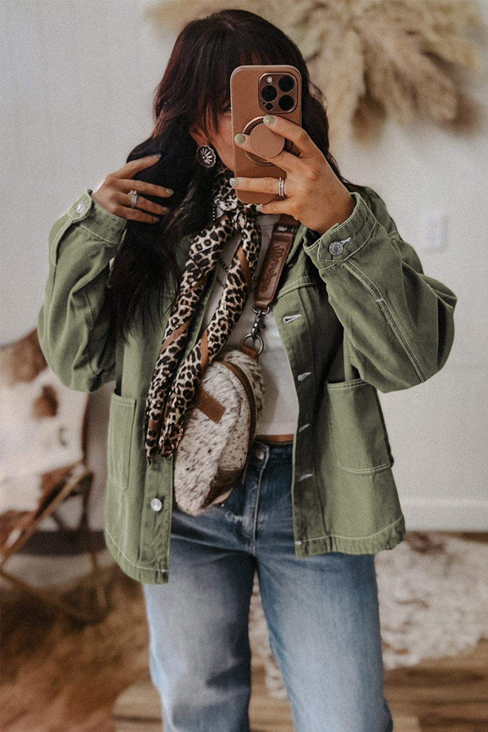 Smoke Green Pocket Collared Button Front Denim Jacket