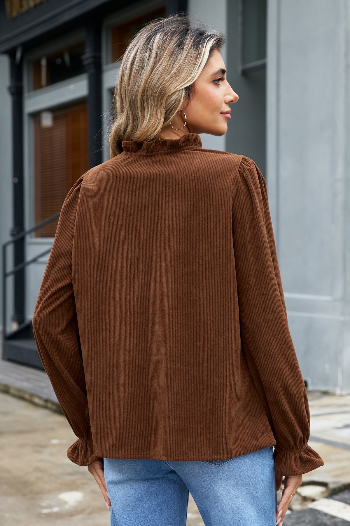 Ruffle Trim V-Neck Corduroy Shacket