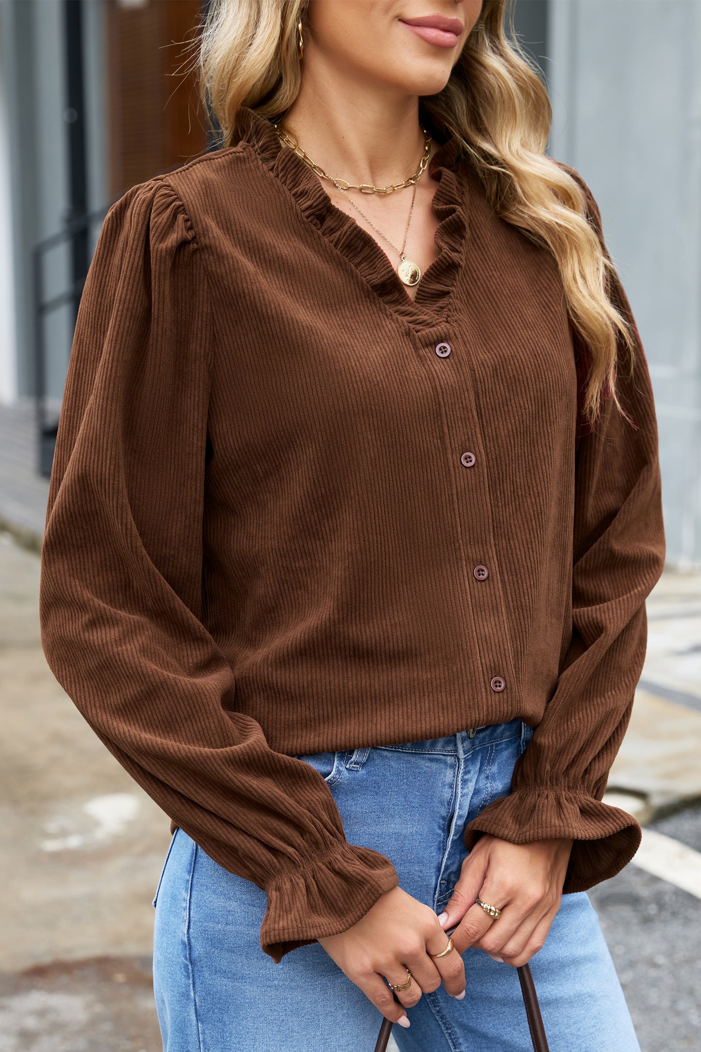 Ruffle Trim V-Neck Corduroy Shacket