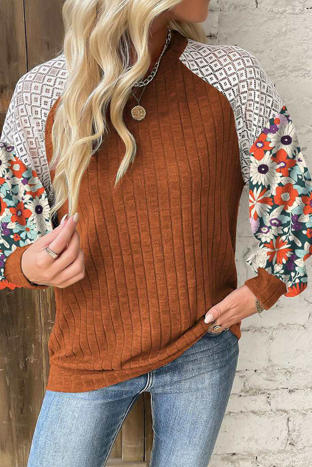 Flowery Sleeve Ribbed Blouse