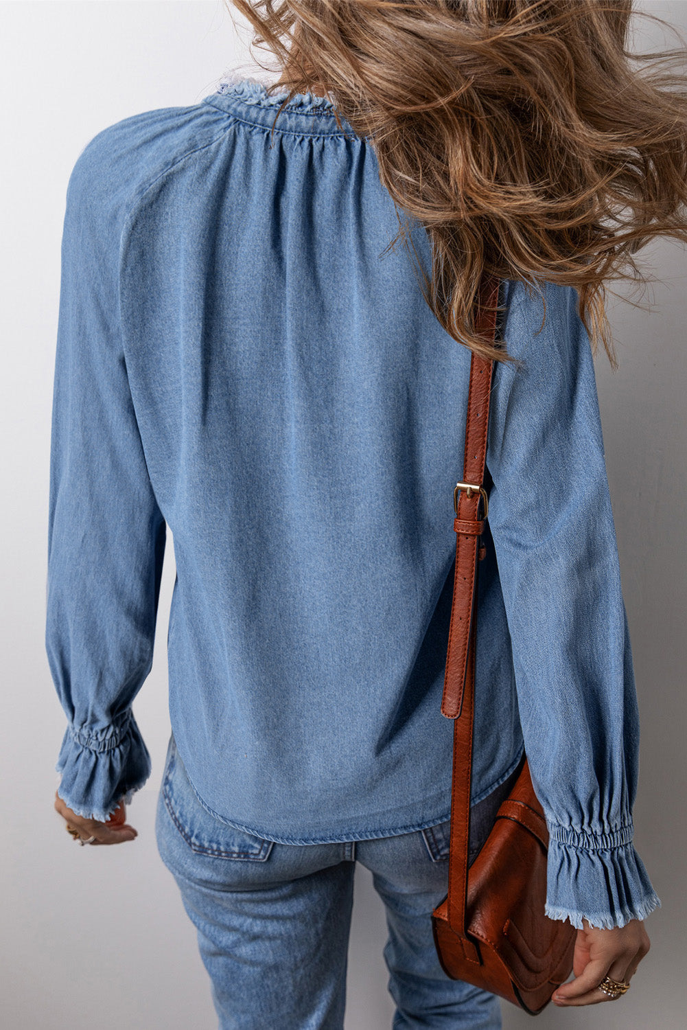 Denim Frayed Trim Denim Blouse