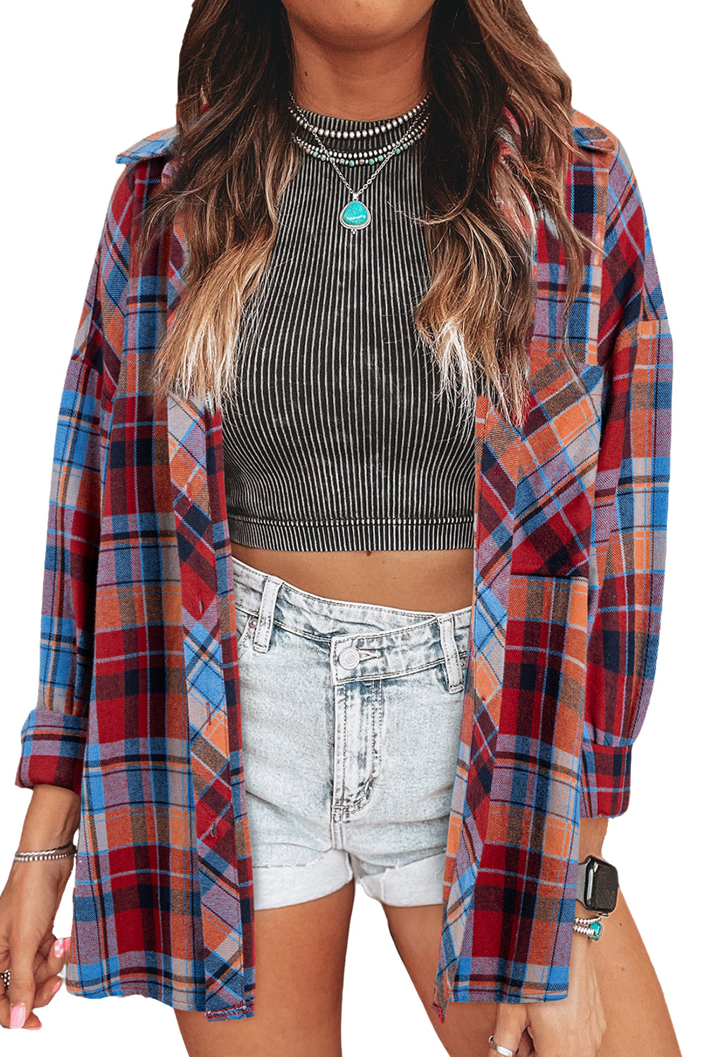 Orange Plaid Print Pocket Loose Shirt