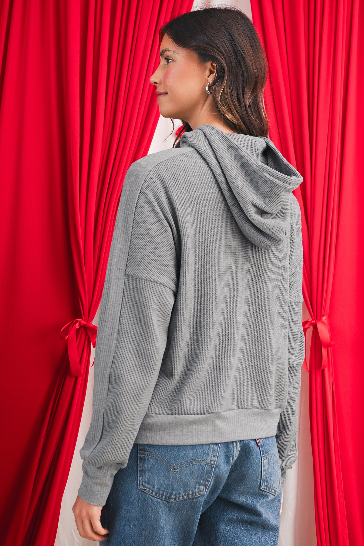 Gray Waffle Splicing Zip Up Front Button Hooded Jacket