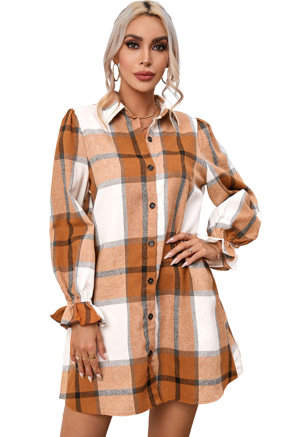 Plaid Ruffle Sleeve Shirt Dress