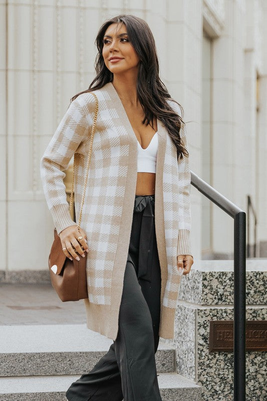 Khaki Buffalo Plaid Knit Long Cardigan