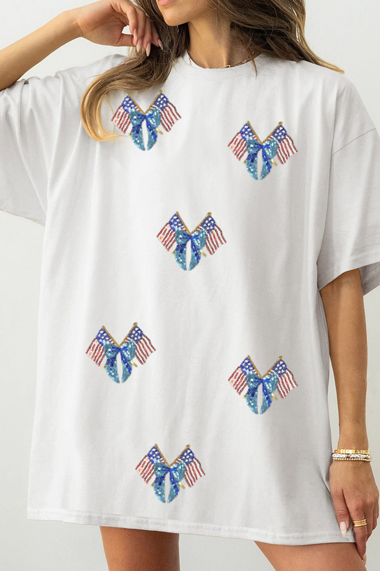 White Patriotic Sequin Bow Flag Cotton Tunic Tee