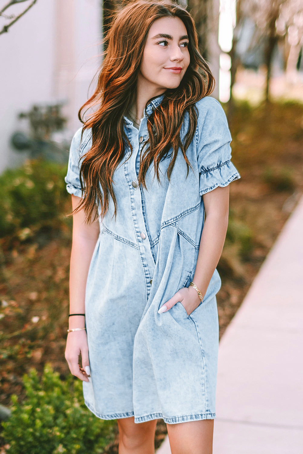 Denim. Ruffled Sleeve Denim Dress