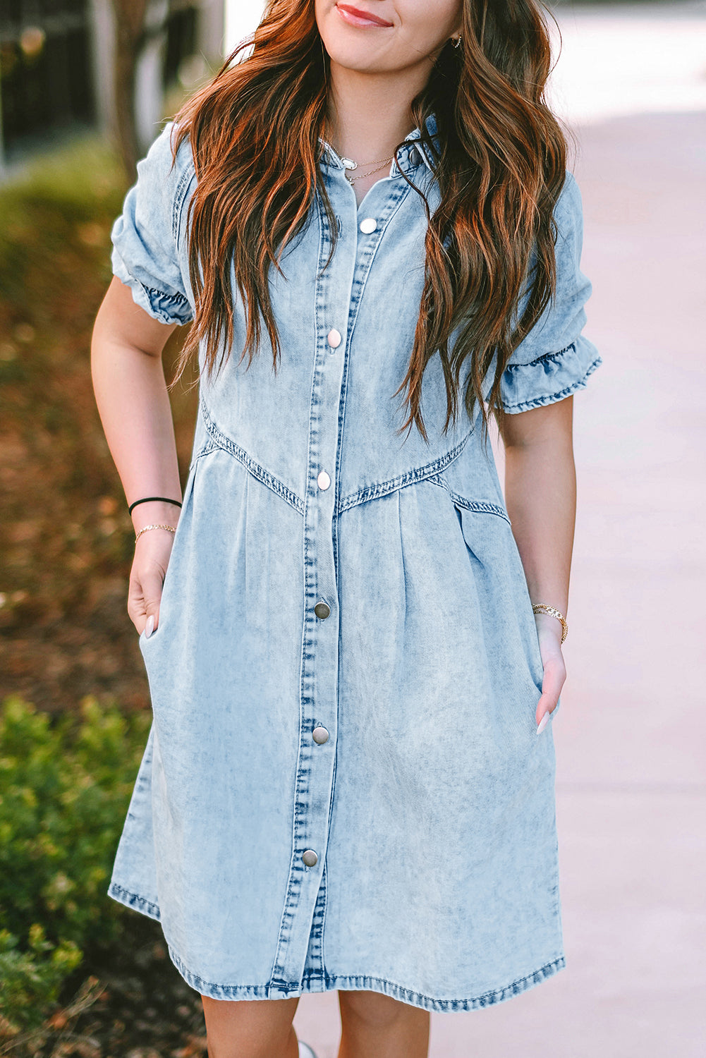 Denim. Ruffled Sleeve Denim Dress